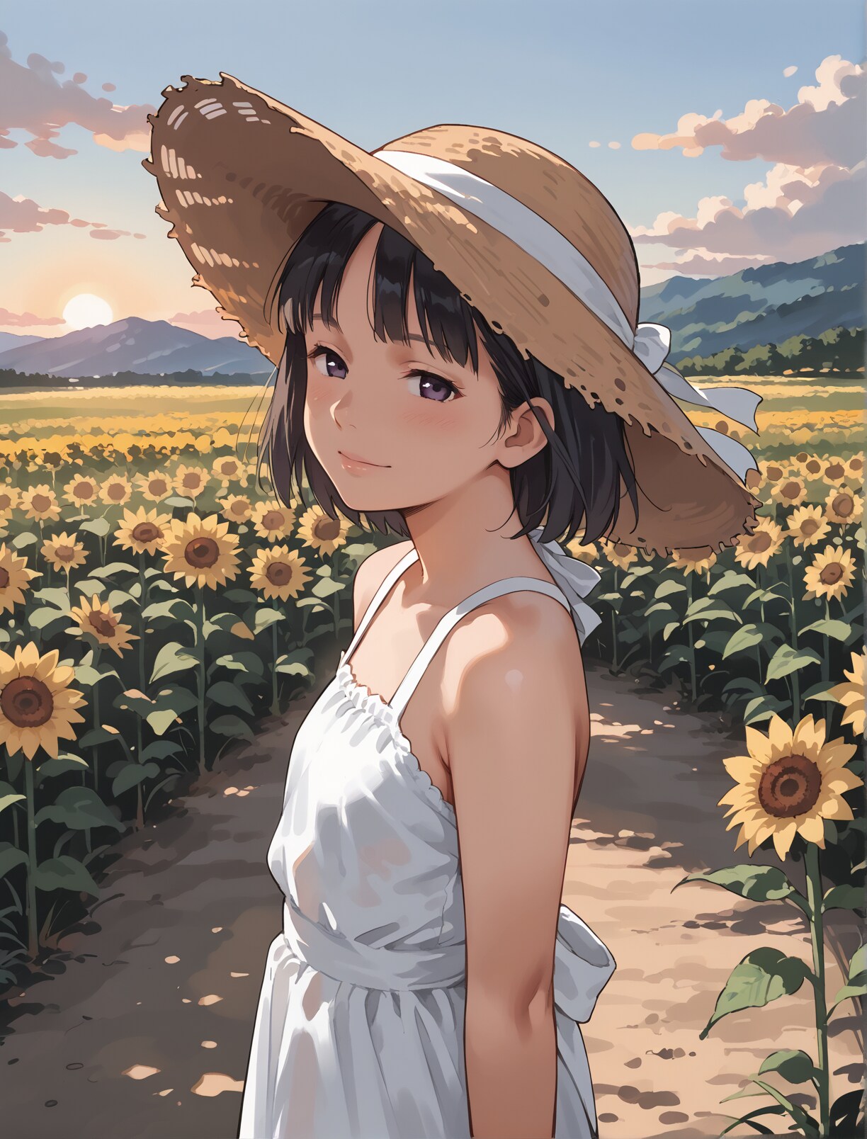 帰り道、夕日のひまわり畑