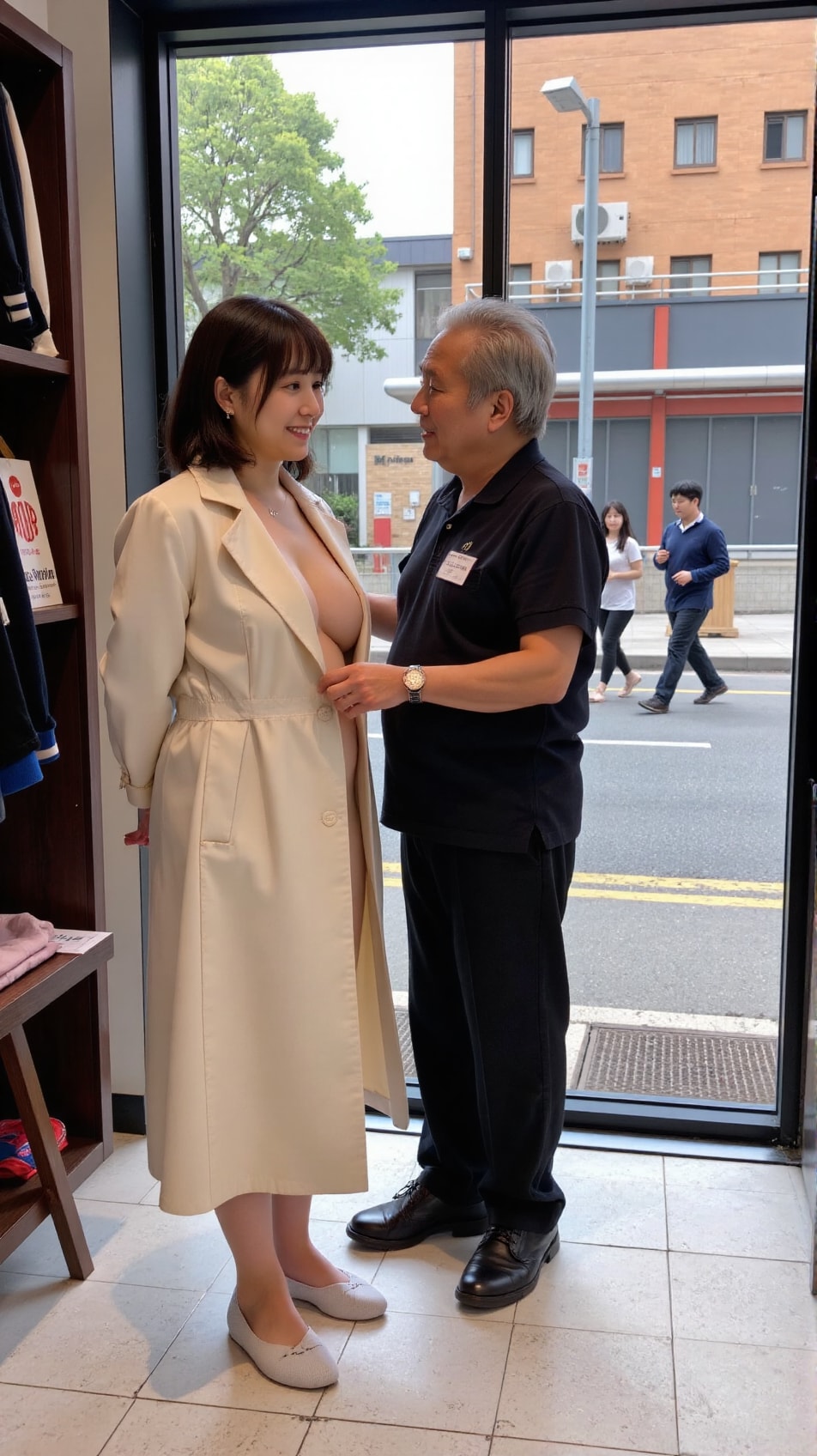お店のご主人が声を掛けてくれました。すぐコートの中に気づかれてドキッ