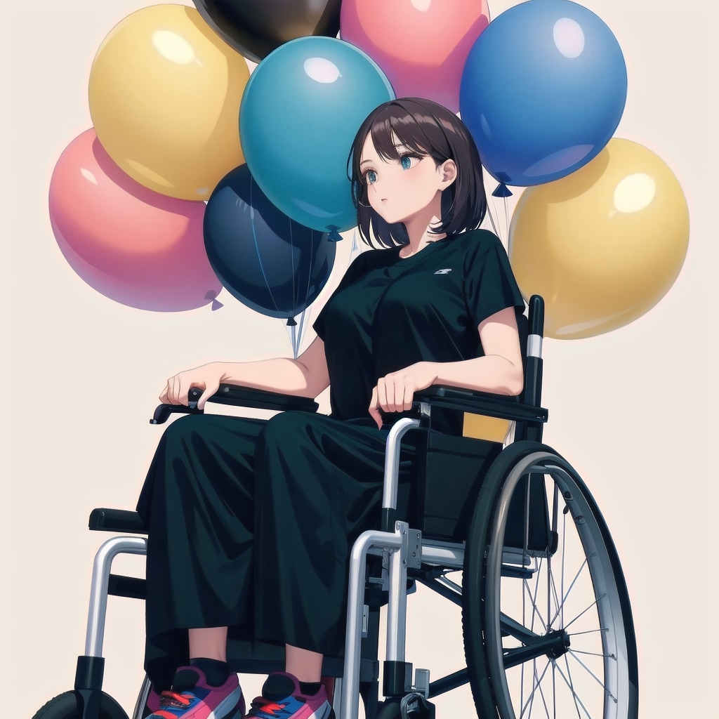 色とりどりの風船を持つ黒髪ロングのテニスウェア着た車椅子乗ってる美女