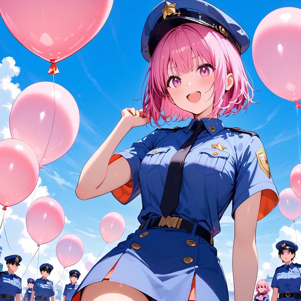 ピンクの風船を持つピンク髪ショートカットの警察官の制服の美女。