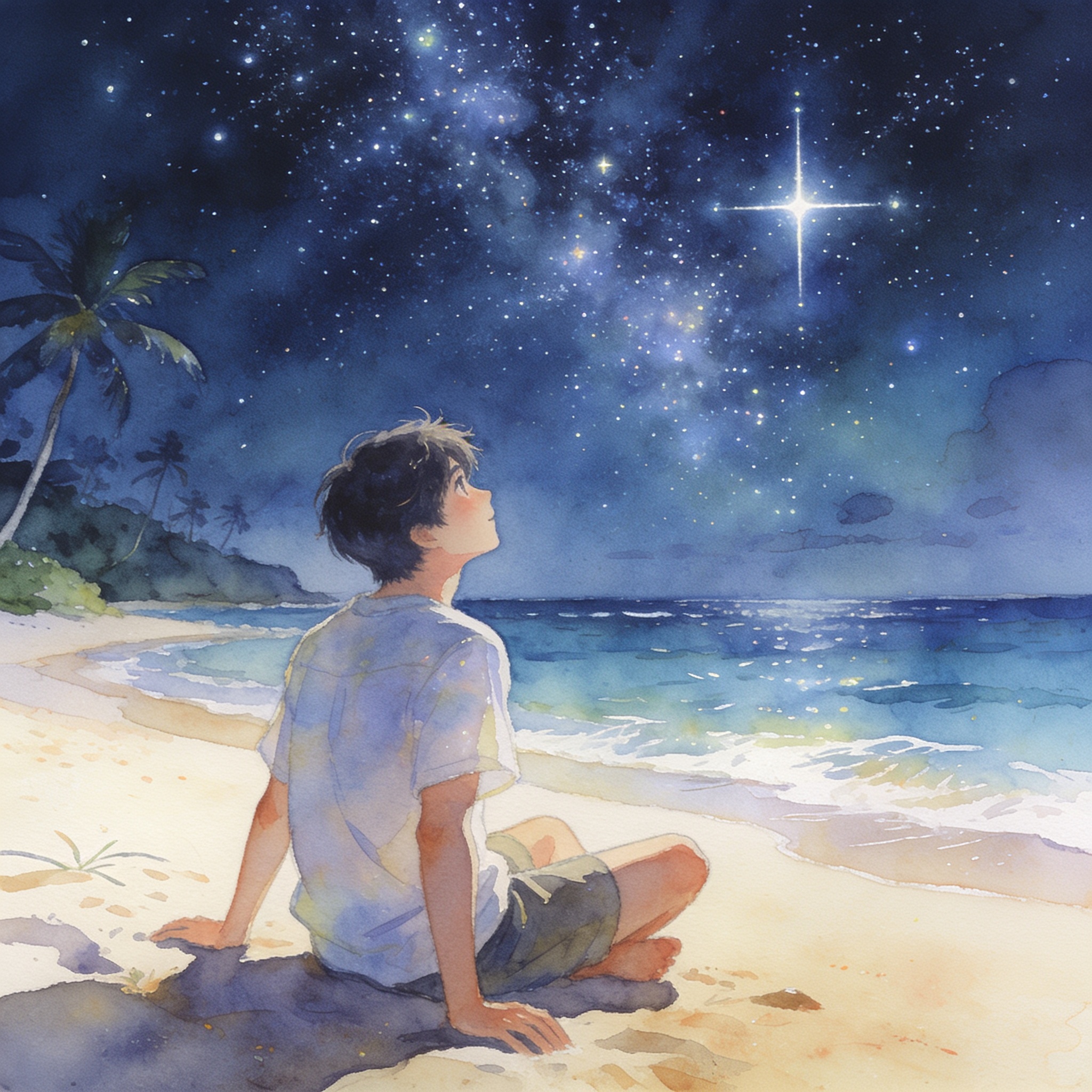 20歳の青年が一人旅で訪れた太平洋のとある星空がきれいに見える島の夜の砂浜で座りくつろぎながら星空を眺め 星が沢山 輝いている中で南十字星を見つけて感動しながら南十字星を眺めている | の人気AIイラスト・グラビア