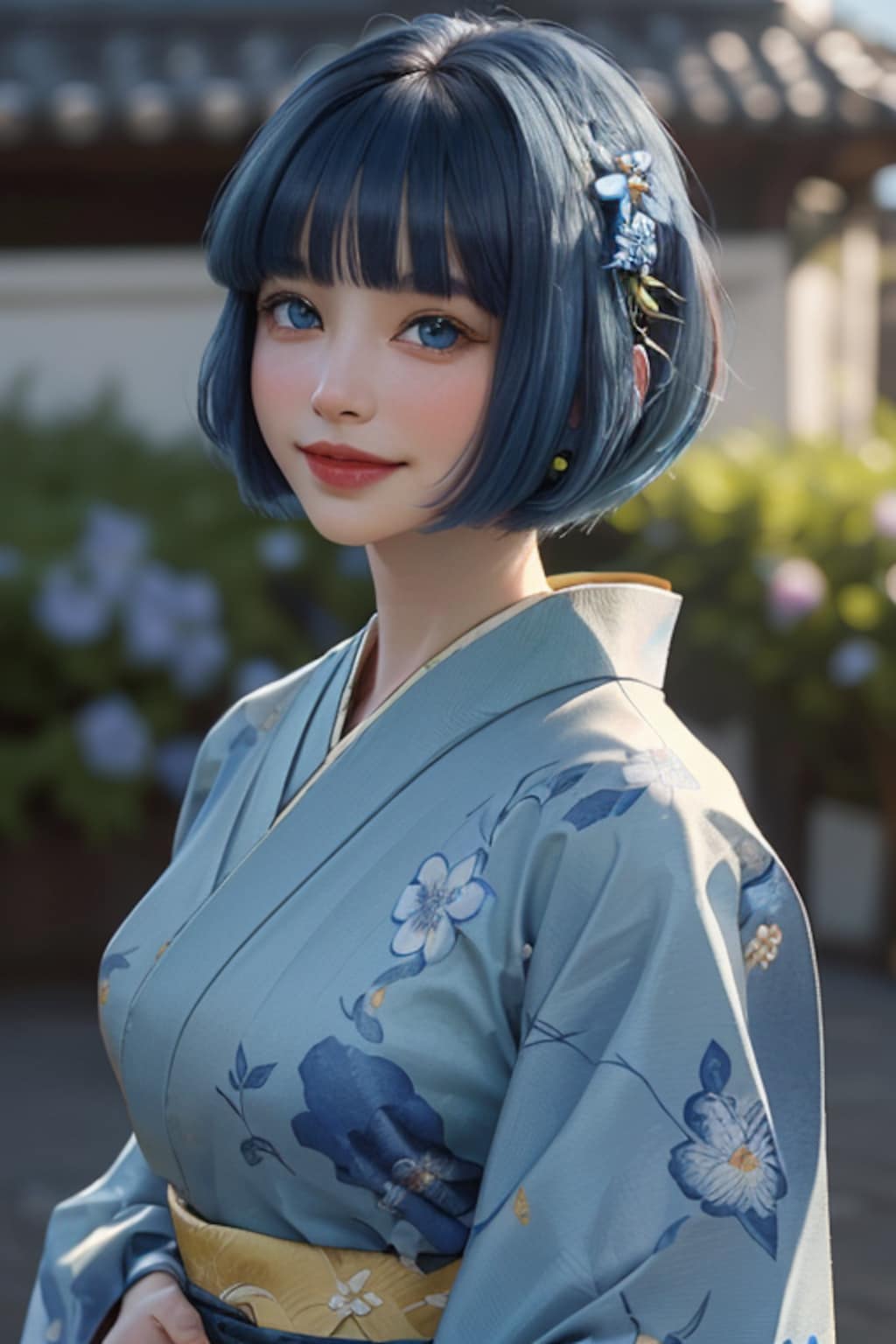 青髪の着物女性