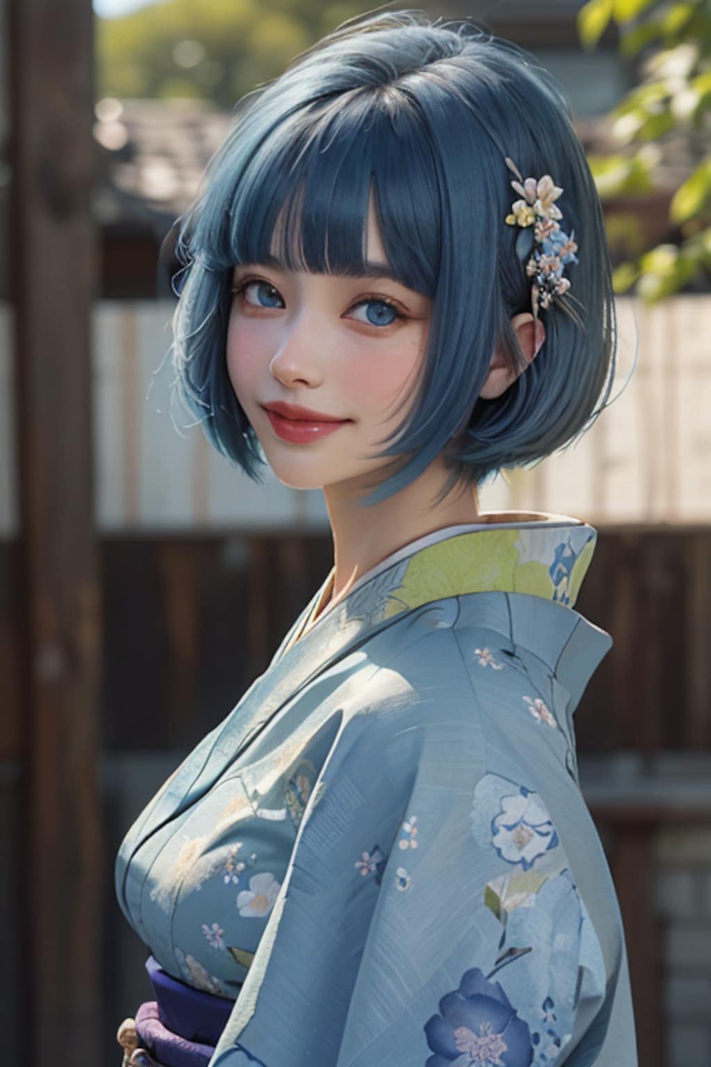 青髪の着物女性