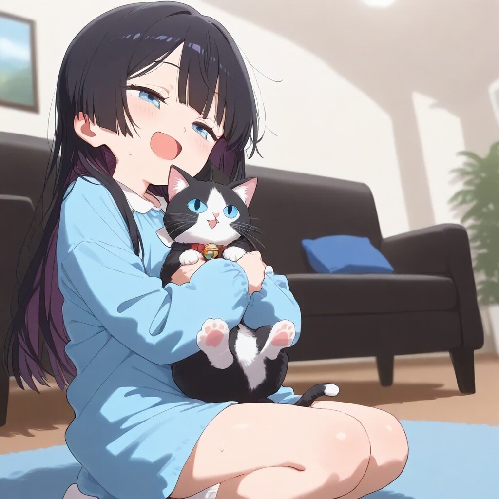 家で猫と遊ぶ小さな女の子 | の人気AIイラスト・グラビア