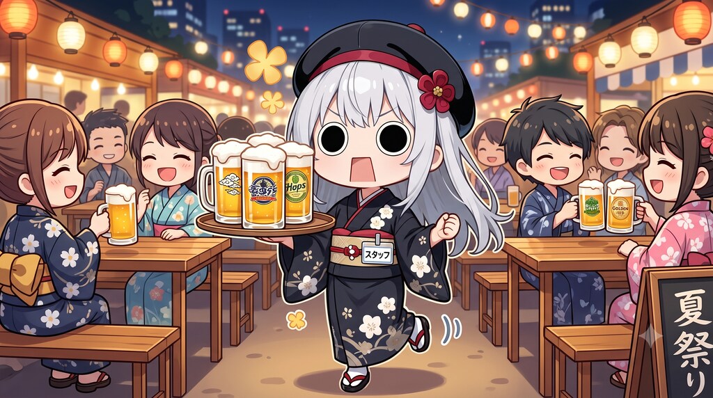 ビヤホールでビヤーを運ぶ浴衣えらいこっちゃ嬢