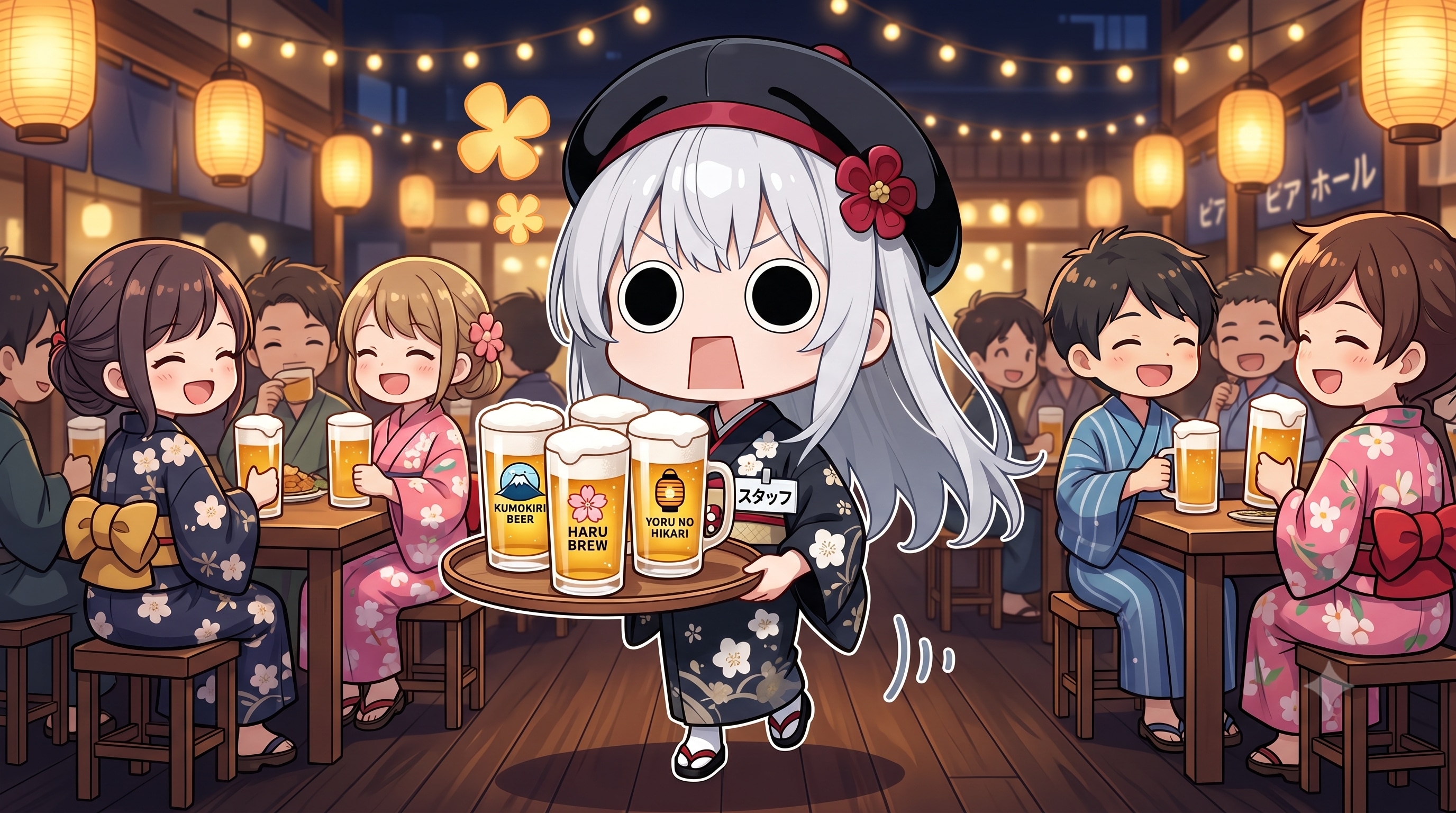 ビヤホールでビヤーを運ぶ浴衣えらいこっちゃ嬢