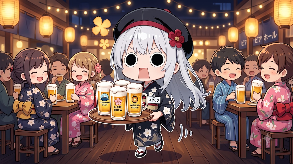 ビヤホールでビヤーを運ぶ浴衣えらいこっちゃ嬢
