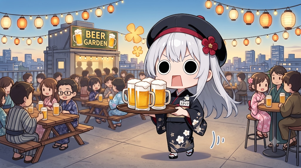 ビヤホールでビヤーを運ぶ浴衣えらいこっちゃ嬢