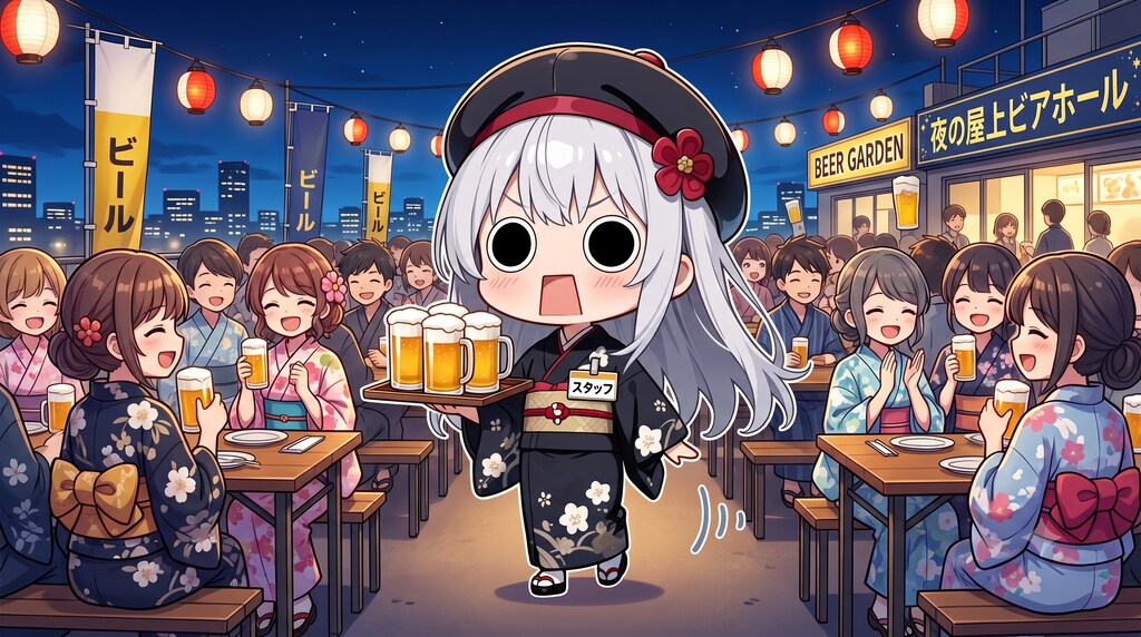 ビヤホールでビヤーを運ぶ浴衣えらいこっちゃ嬢