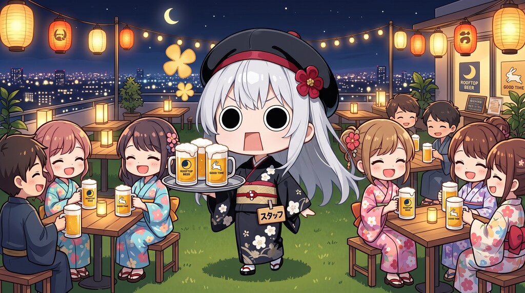 ビヤホールでビヤーを運ぶ浴衣えらいこっちゃ嬢