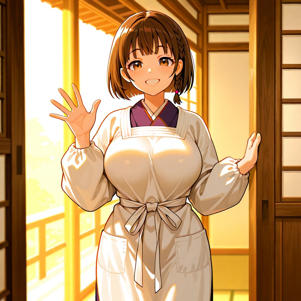 割烹着の女性行ってらっしゃい。
