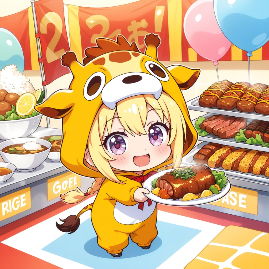 お肉とキリン着ぐるみちび子ちゃん