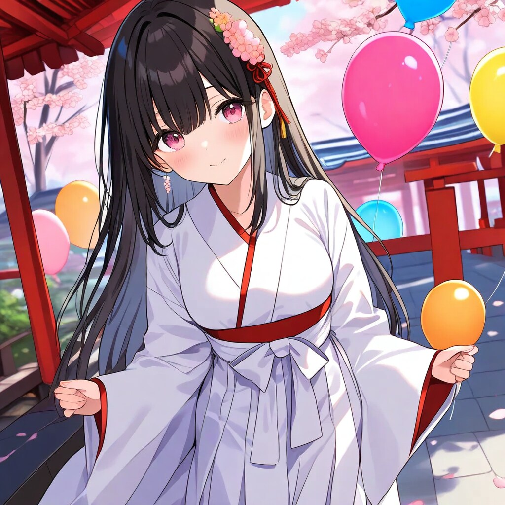 神社で風船を持つ黒髪ロングの巫女服の美女。 | の人気AIイラスト・グラビア