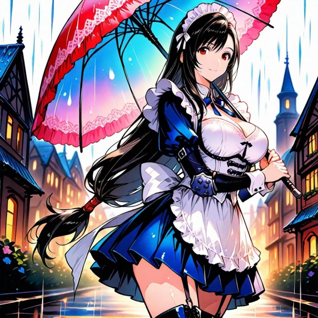 水彩ゲームCG風、梅雨の傘で空飛びたいメイドコスプレ人妻