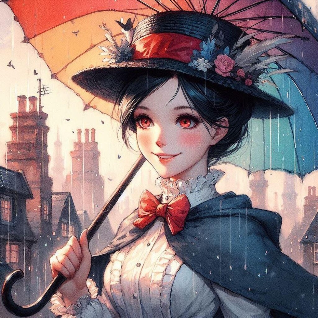 水彩ゲームCG風、梅雨の傘で空飛びたいメイドコスプレ人妻