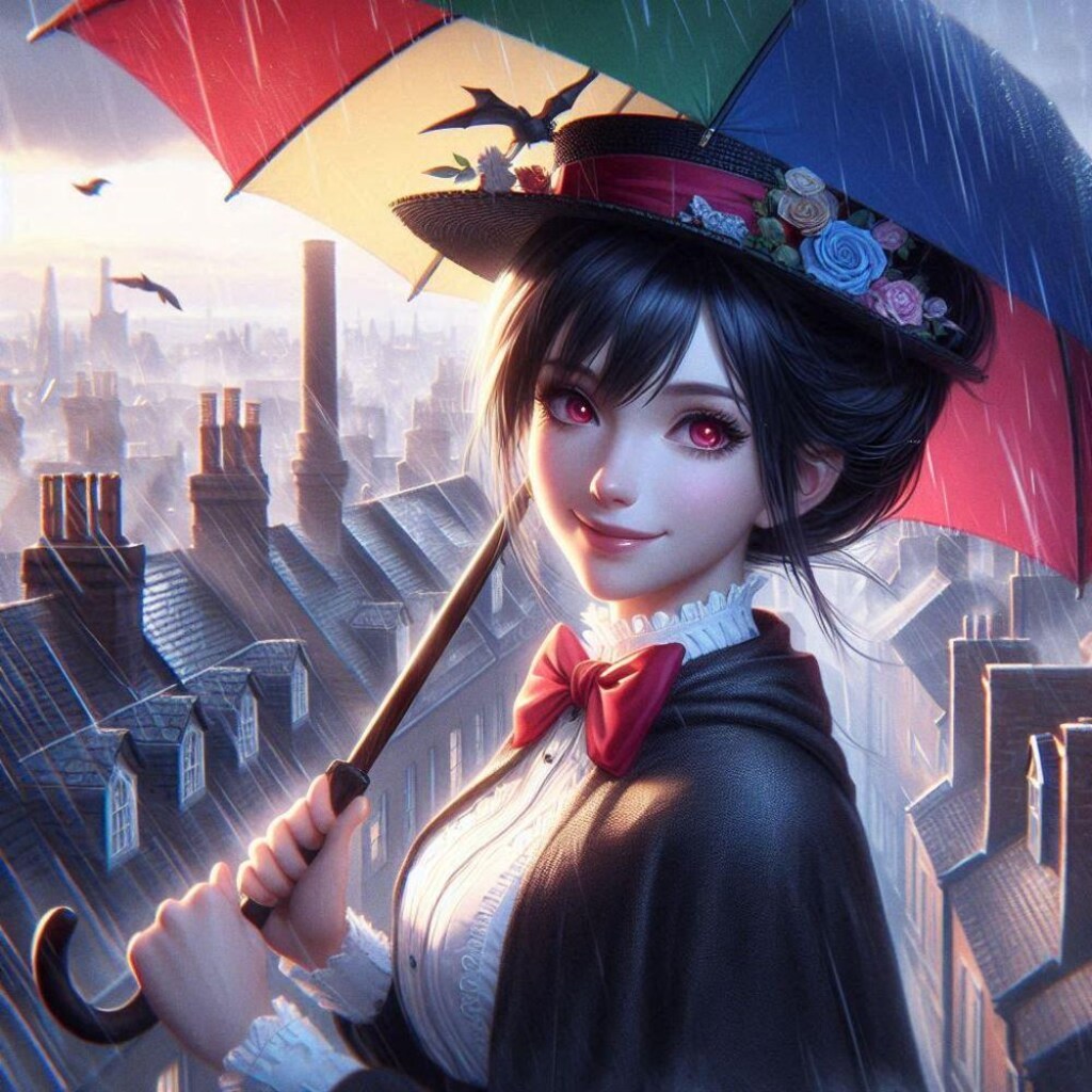 水彩ゲームCG風、梅雨の傘で空飛びたいメイドコスプレ人妻