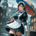 水彩ゲームCG風、梅雨の傘で空飛びたいメイドコスプレ人妻 12枚目