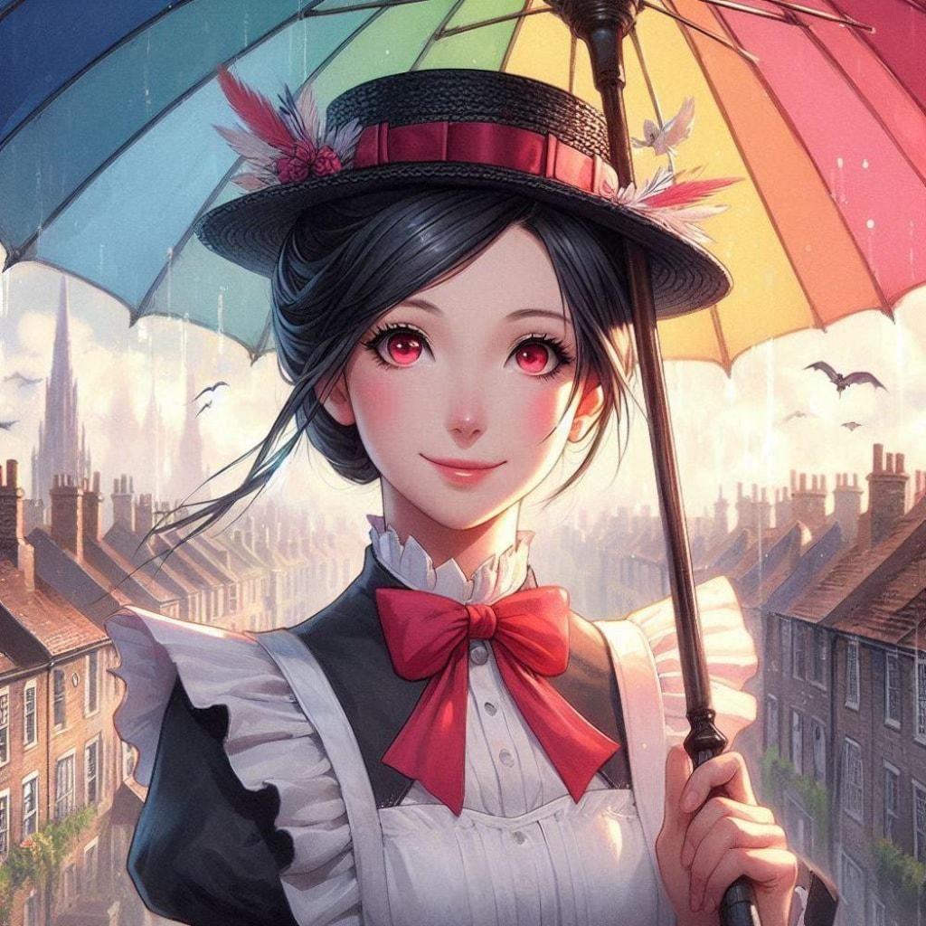 水彩ゲームCG風、梅雨の傘で空飛びたいメイドコスプレ人妻