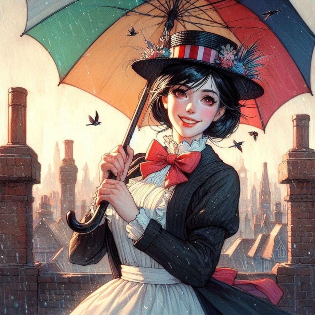 水彩ゲームCG風、梅雨の傘で空飛びたいメイドコスプレ人妻