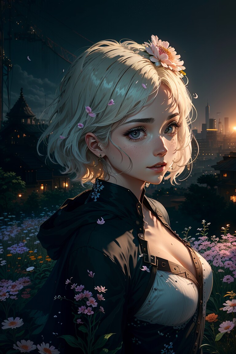 夜の花畑で