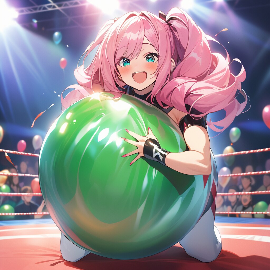 リングの上で緑色の巨大風船を膨らませる女性プロレスラー | の人気AIイラスト・グラビア