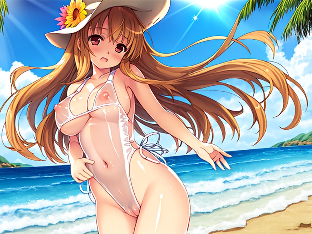彼女はプライベートなビーチで透明な水着を着てはしゃいでいます
