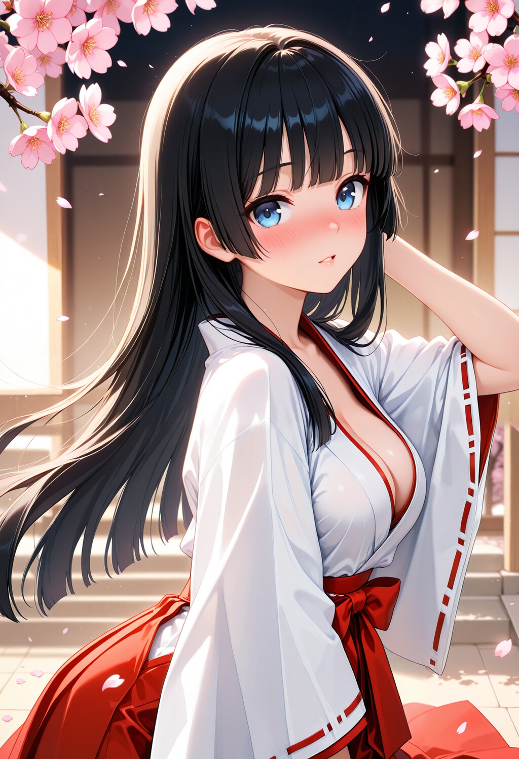 桜と黒髪と巫女さん