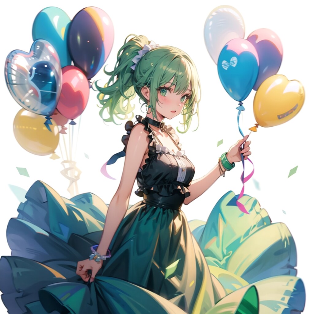 いっぱい色とりどりの風船を持つ緑髪ポニーテールのロングスカートの美少女 | の人気AIイラスト・グラビア