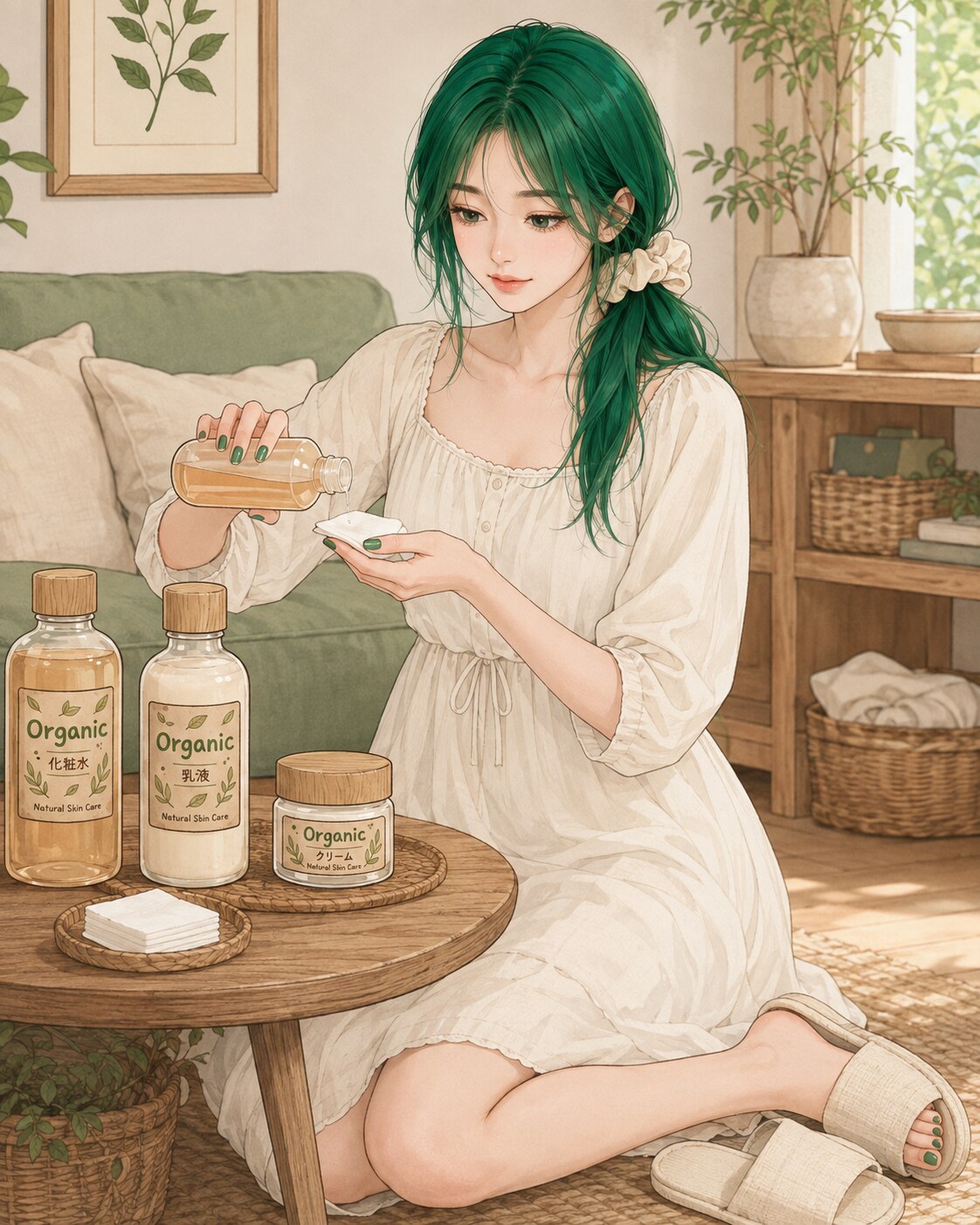 スキンケアする緑ちゃん🧴 | の人気AIイラスト・グラビア