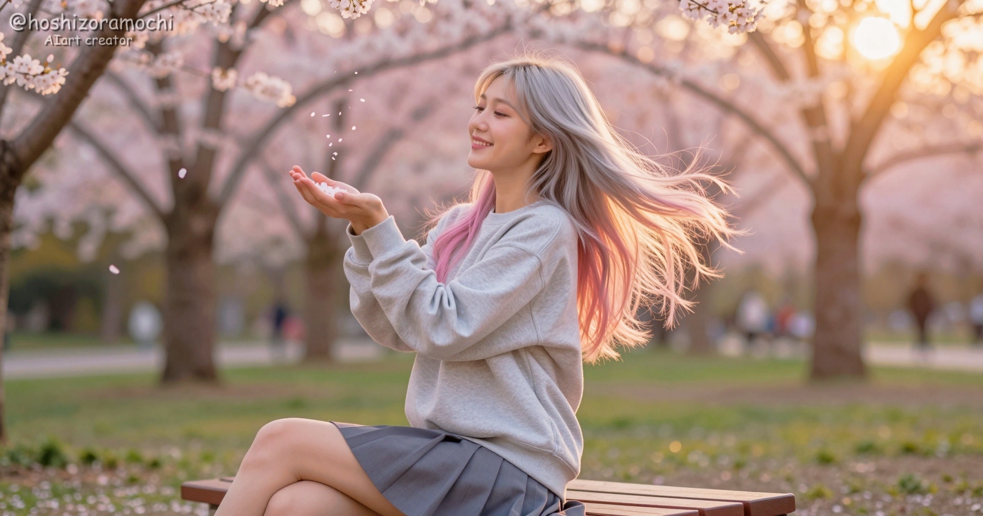 【スプリング・レゾナンス】黄金の夕陽に染まる桜並木。舞い散る花びらをそっとすくう、シルバー＆ピンクヘアの彼女と紡ぐ幻想的パーク・ポートレート