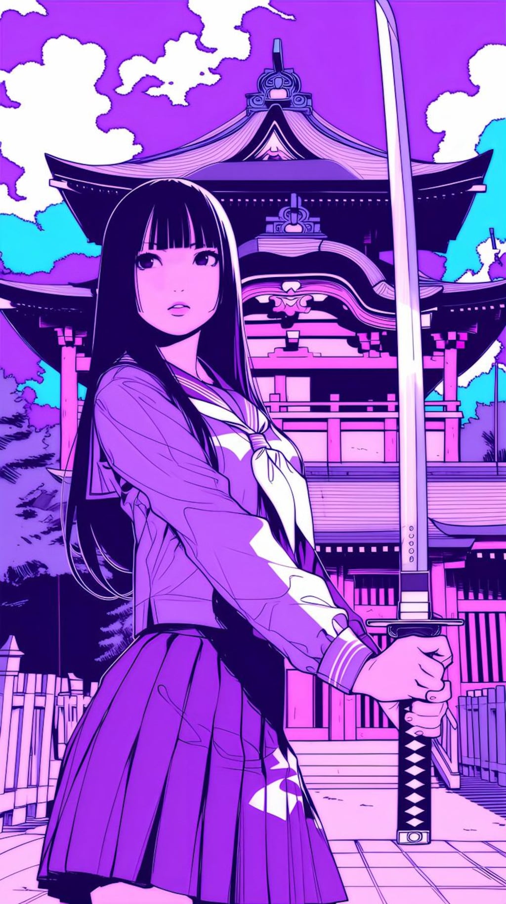 紫の神社で剣を振るう少女の誓