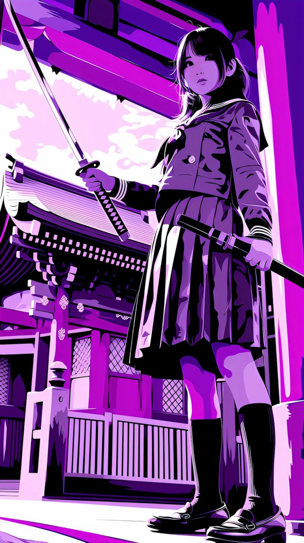 紫の神社で剣を振るう少女の誓