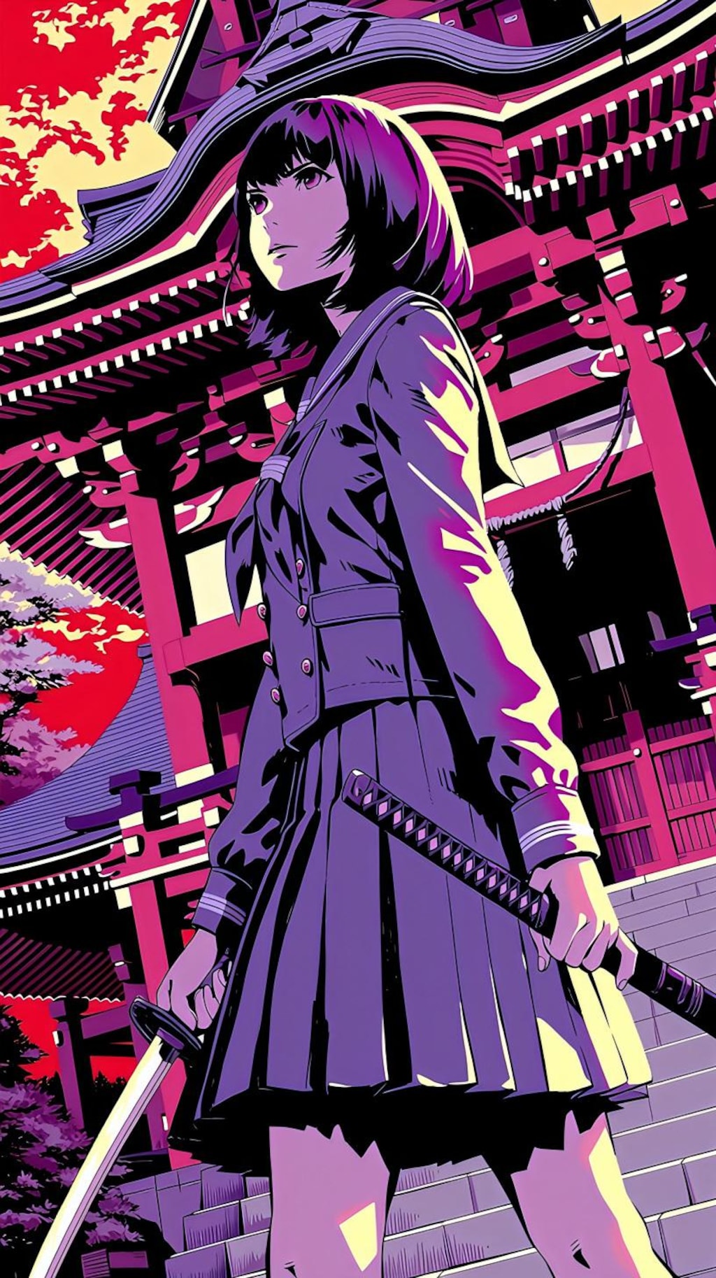 紫の神社で剣を振るう少女の誓