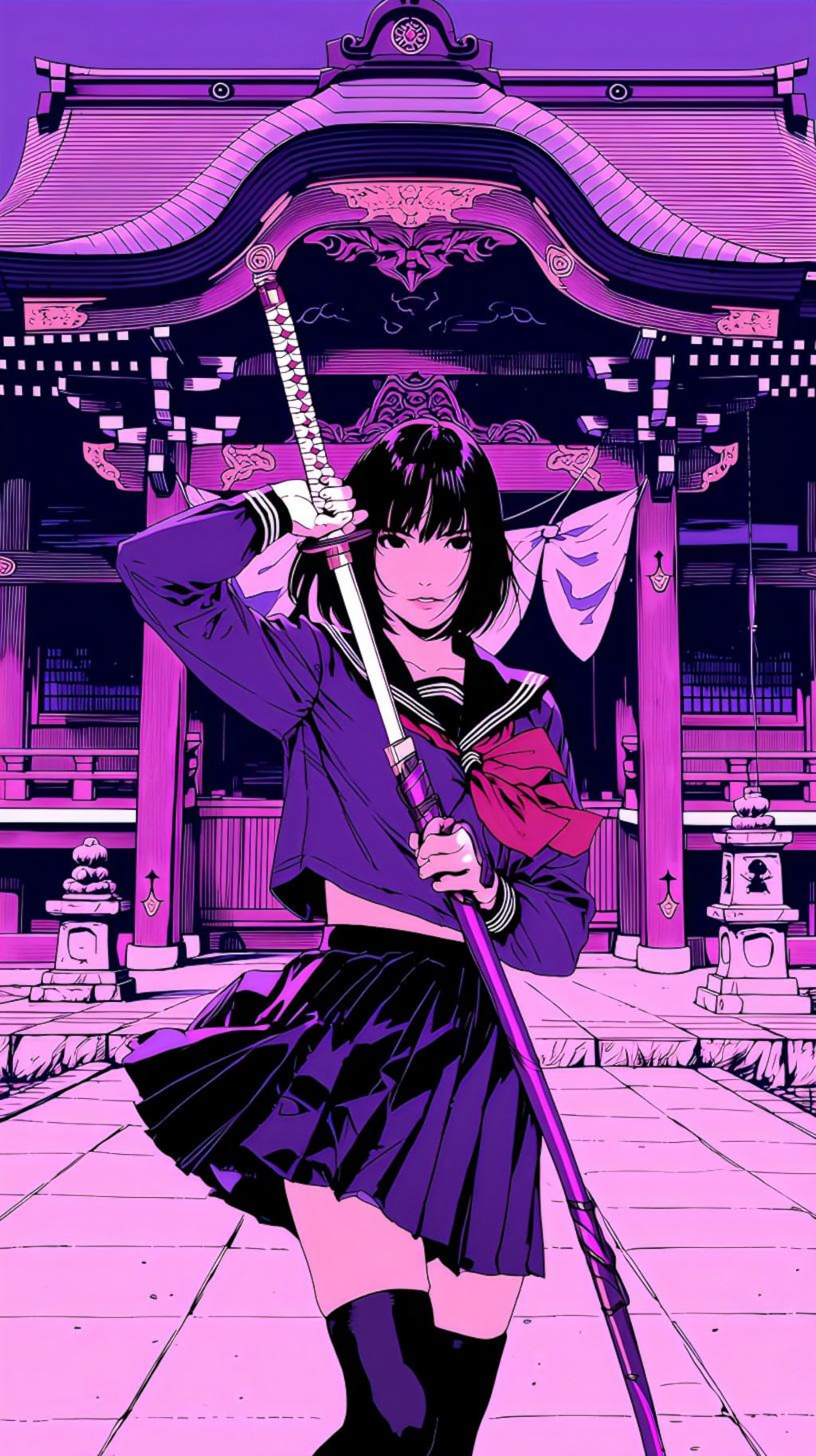 紫の神社で剣を振るう少女の誓