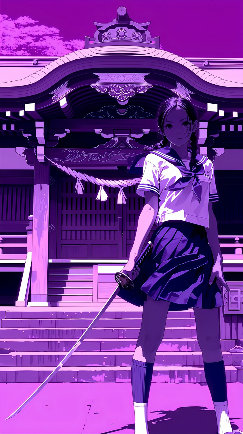 紫の神社で剣を振るう少女の誓 | の人気AIイラスト・グラビア