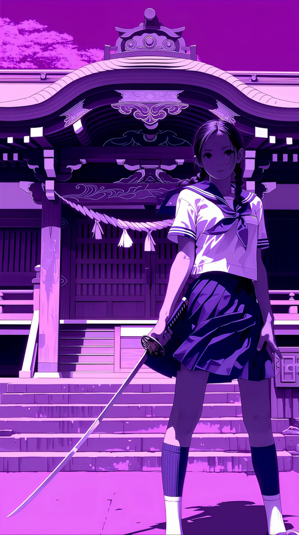紫の神社で剣を振るう少女の誓