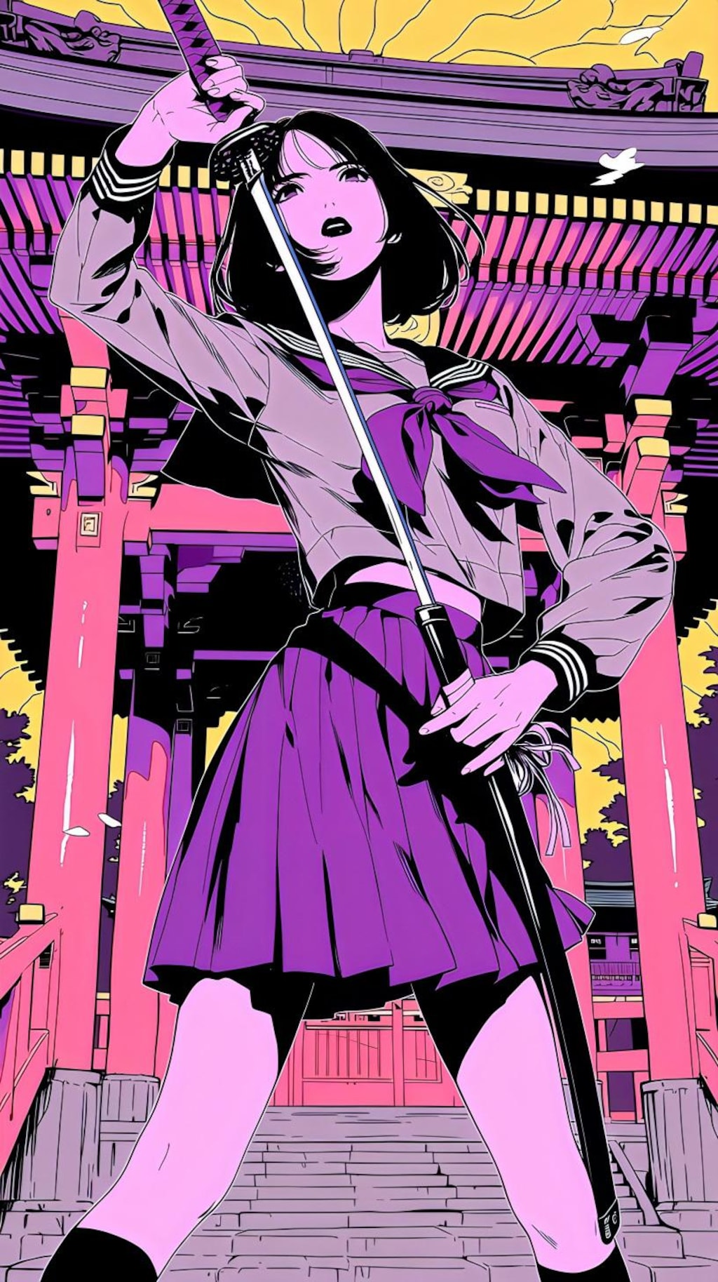 紫の神社で剣を振るう少女の誓