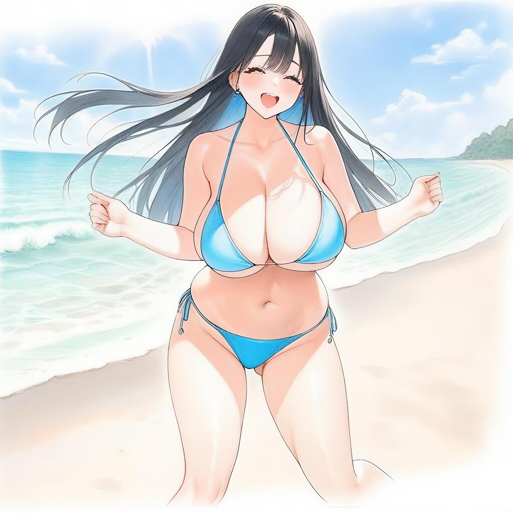 ビキニで飛び跳ねる