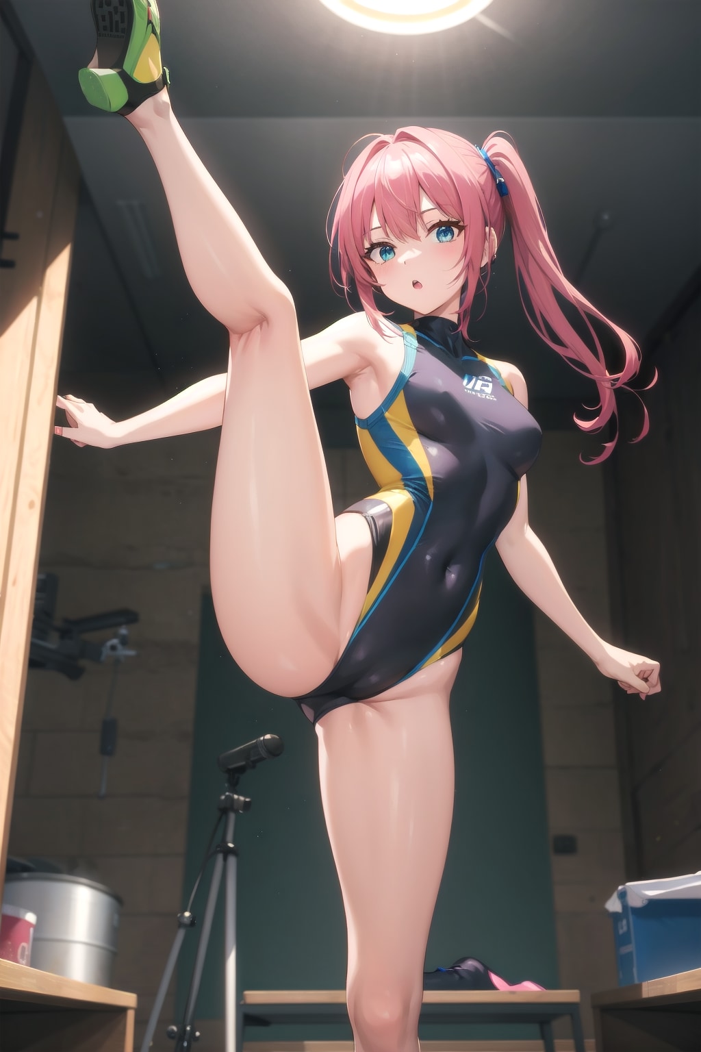 I字バランスやY字バランスをしているレオタードで体操の女の子！