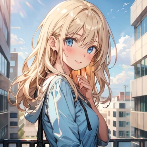 都会の一角で微笑むブロンド美少女 | の人気AIイラスト・グラビア