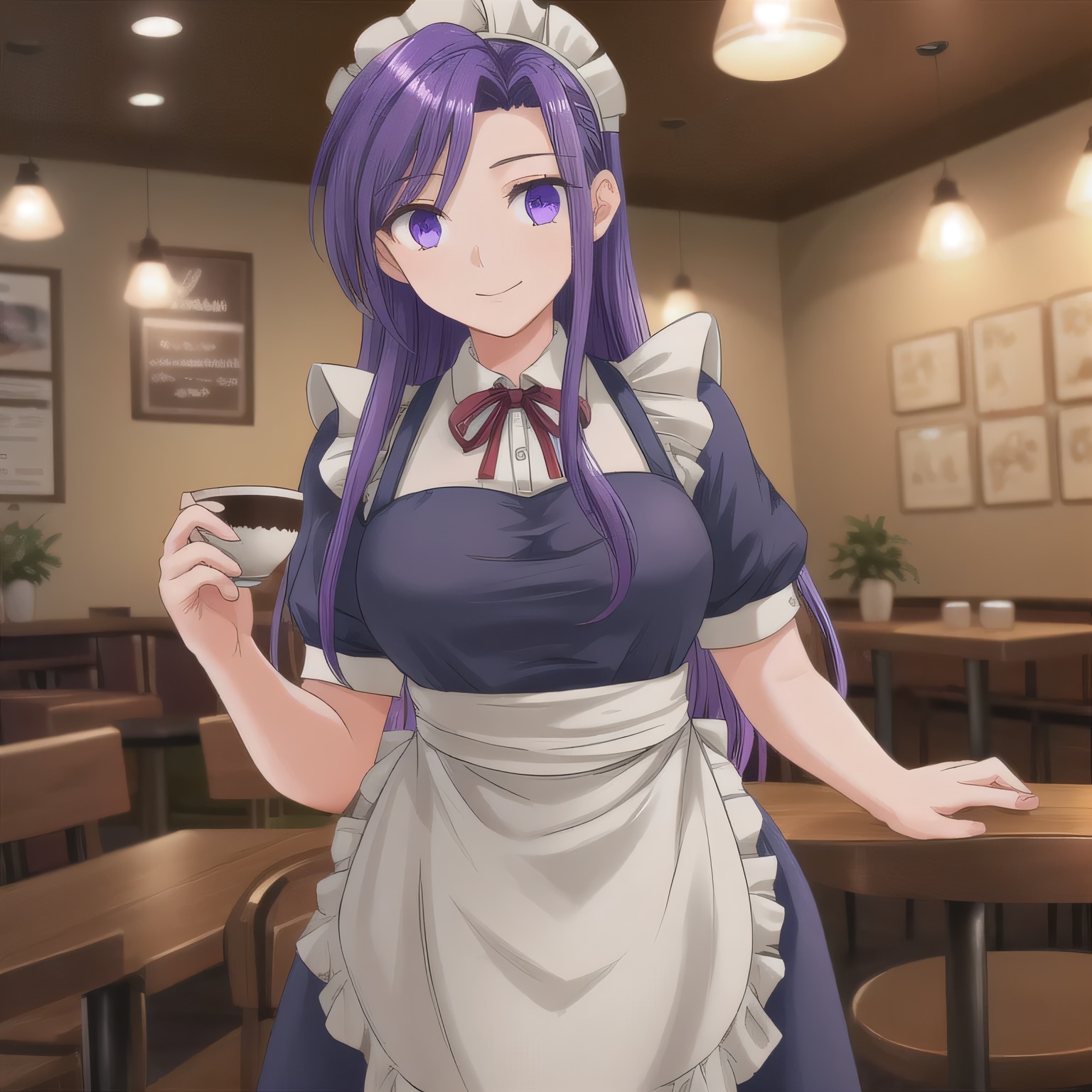 紫髪ロングでカフェの少女１２ | の人気AIイラスト・グラビア