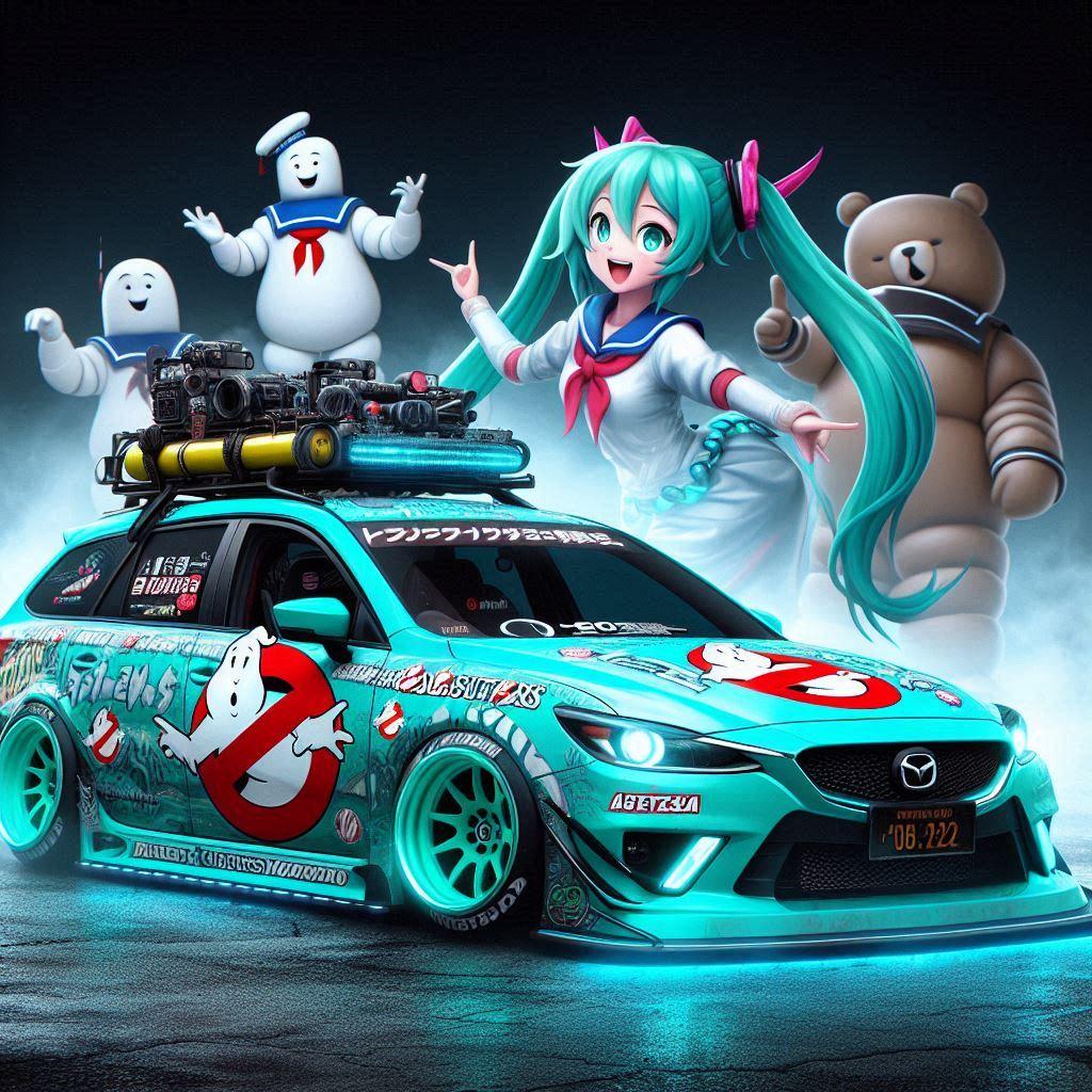 ゴーストバスターズカラーマツダアテンザワゴンのドリ車と初音ミク | の人気AIイラスト・グラビア