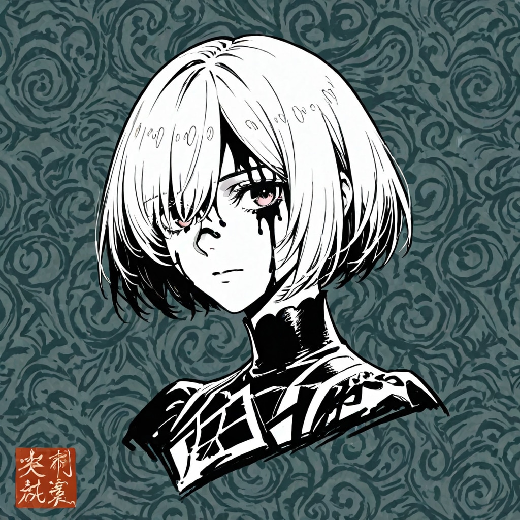 「ヨルハ２Bの後ろ振り向き姿全身像」の水墨画 | の人気AIイラスト・グラビア