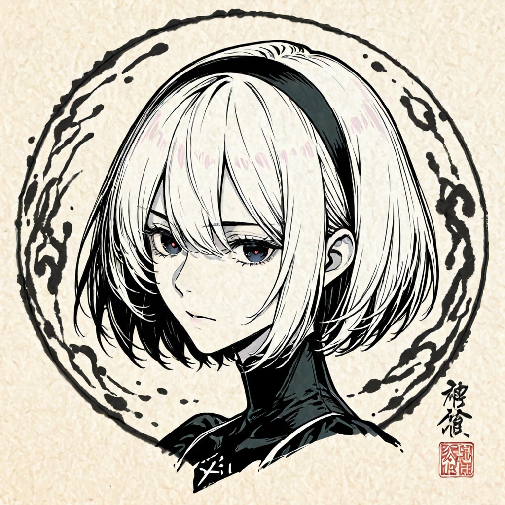 「ヨルハ２Bの後ろ振り向き姿全身像」の水墨画