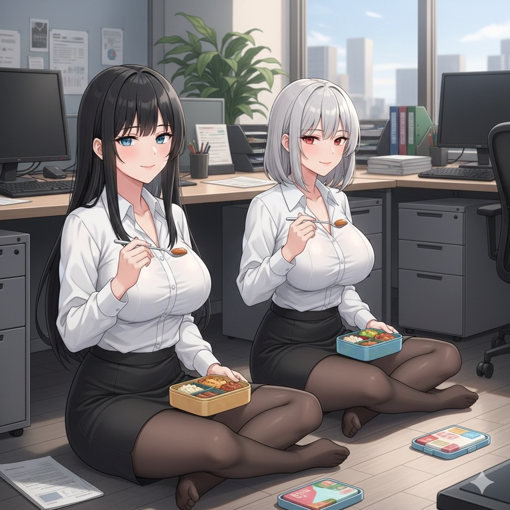 黒髪と銀髪し(何故か床でお弁当)