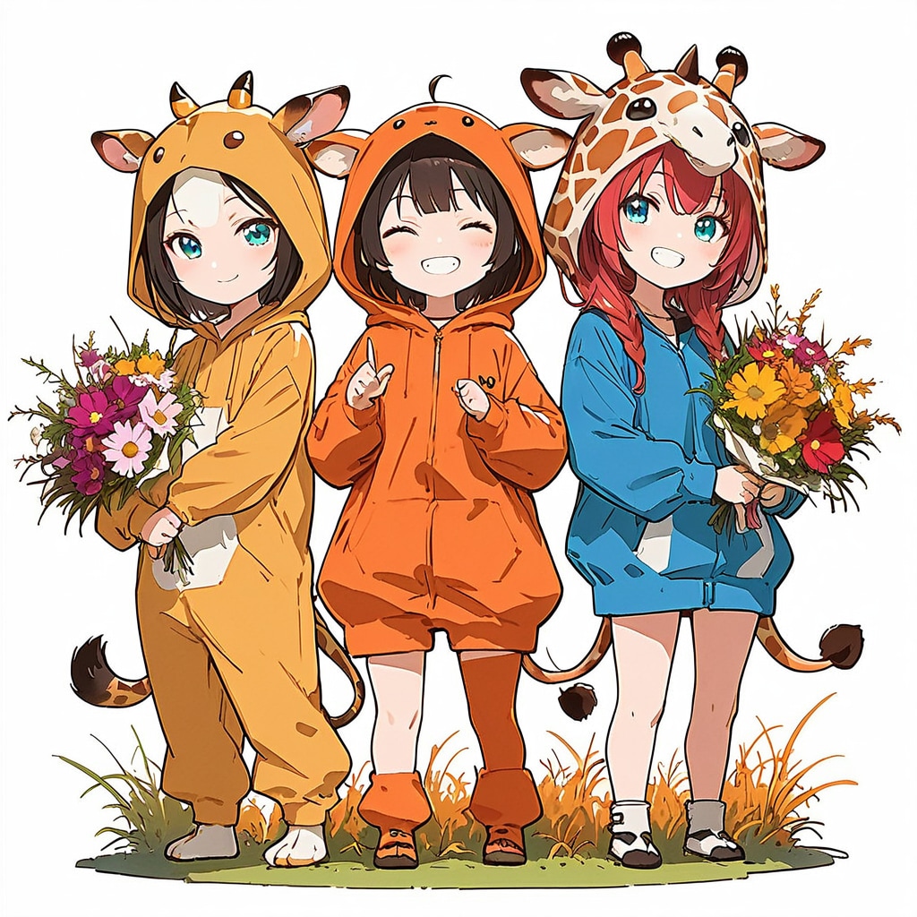 秋の花とキリン着ぐるみちび子ちゃん