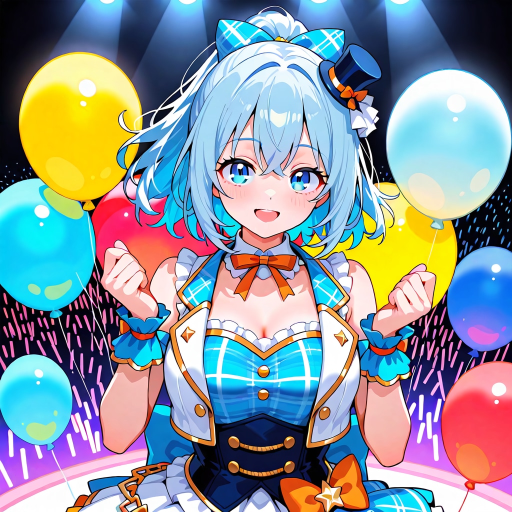 いっぱい色とりどりの風船を持つ水色髪のアイドル