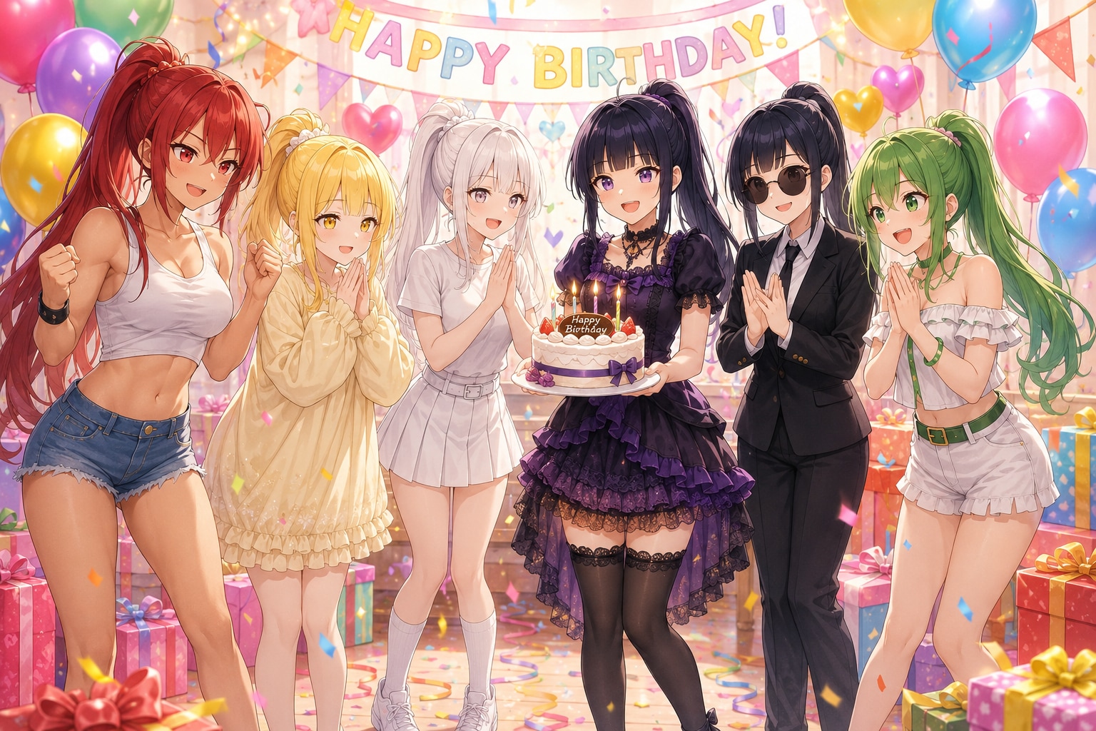 【誕生日FA】chiffonneさんの赤・黄・白・黒・緑ぽにちゃん | の人気AIイラスト・グラビア