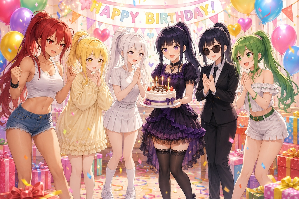 【誕生日FA】chiffonneさんの赤・黄・白・黒・緑ぽにちゃん