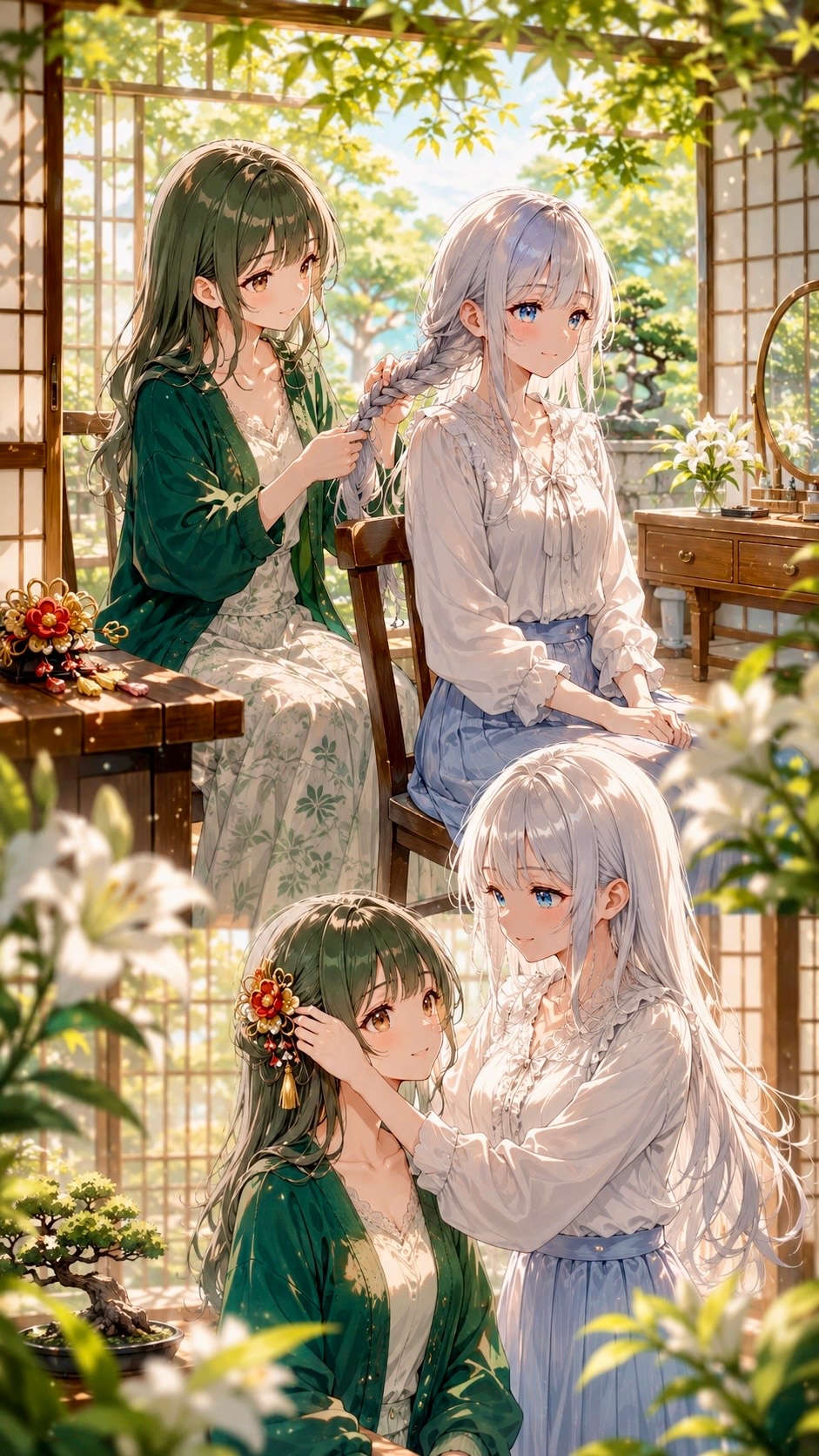 お互いの髪を結び合う朝